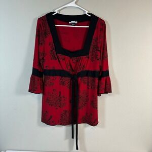 Y2K Red Black Floral Top Blouse Square Neck Bell Sleeve L Witchy Romantic Goth
